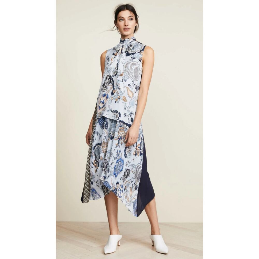 Tory Burch Margaret Blue Floral Plaid Silk Patchwork Pleated Midi Dress 14